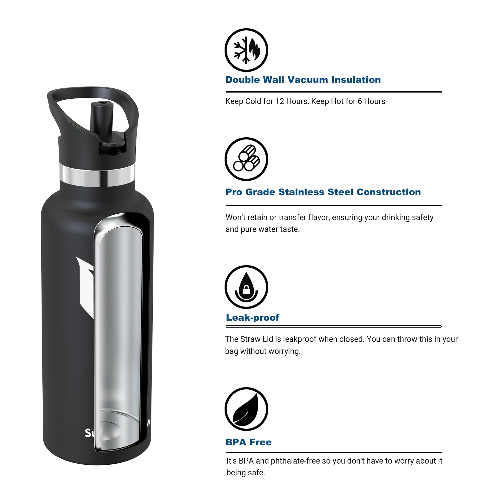 Sparrow Insulated Water Bottle Kids 500ml, FlipFlow Metal Water Bottles with Straw Lid, BPA Free - Image 2