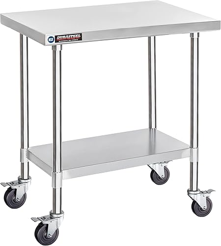 DuraSteel - Mesa de acero inoxidable de 30 x 36 pulgadas, para preparación de alimentos, carrito de metal, mesa de trabajo comercial con ruedas