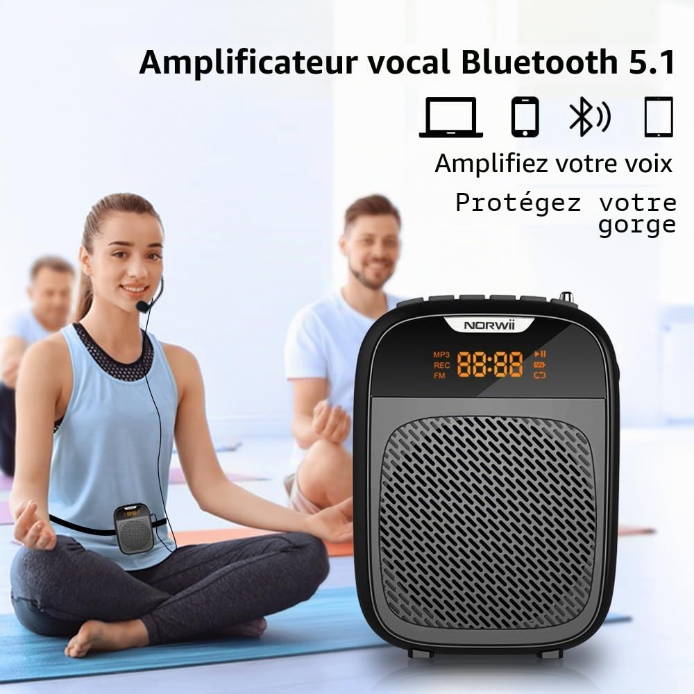 Norwii Mini amplificateur de Voix Portable Rechargeable Bluetooth 4000 mAh avec Microphone avec câble Casque et Ceinture, système PA amplificateur de Voix Personnel pour Enseignants, Guides