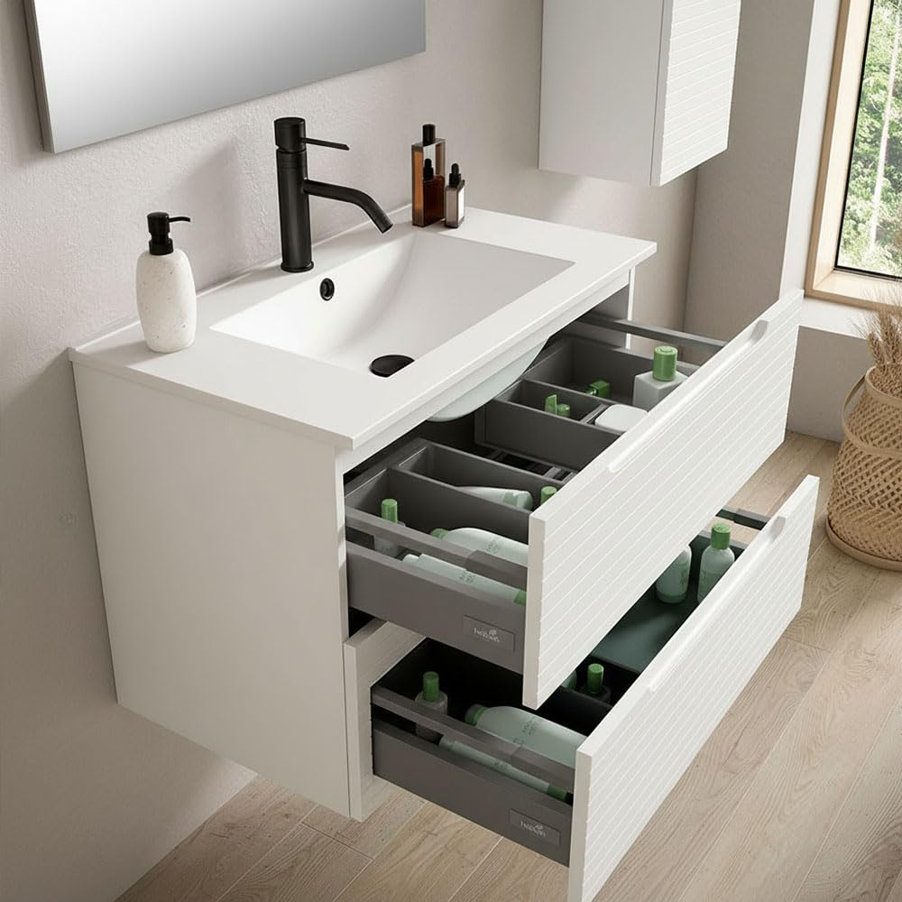 Kibath Mueble de baño con Lavabo Boreal 100x45 cm Acabado Blanco Mate 2 cajones suspendido