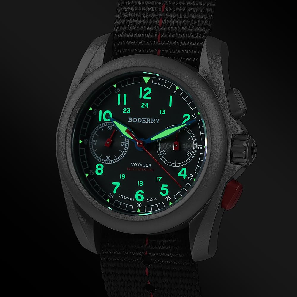 BODERRY Tytanowy chronograf dla mężczyzn, automatyczny mechaniczny zegarek polowy, szafirowy kryształ, wodoodporny 200 m - Voyager