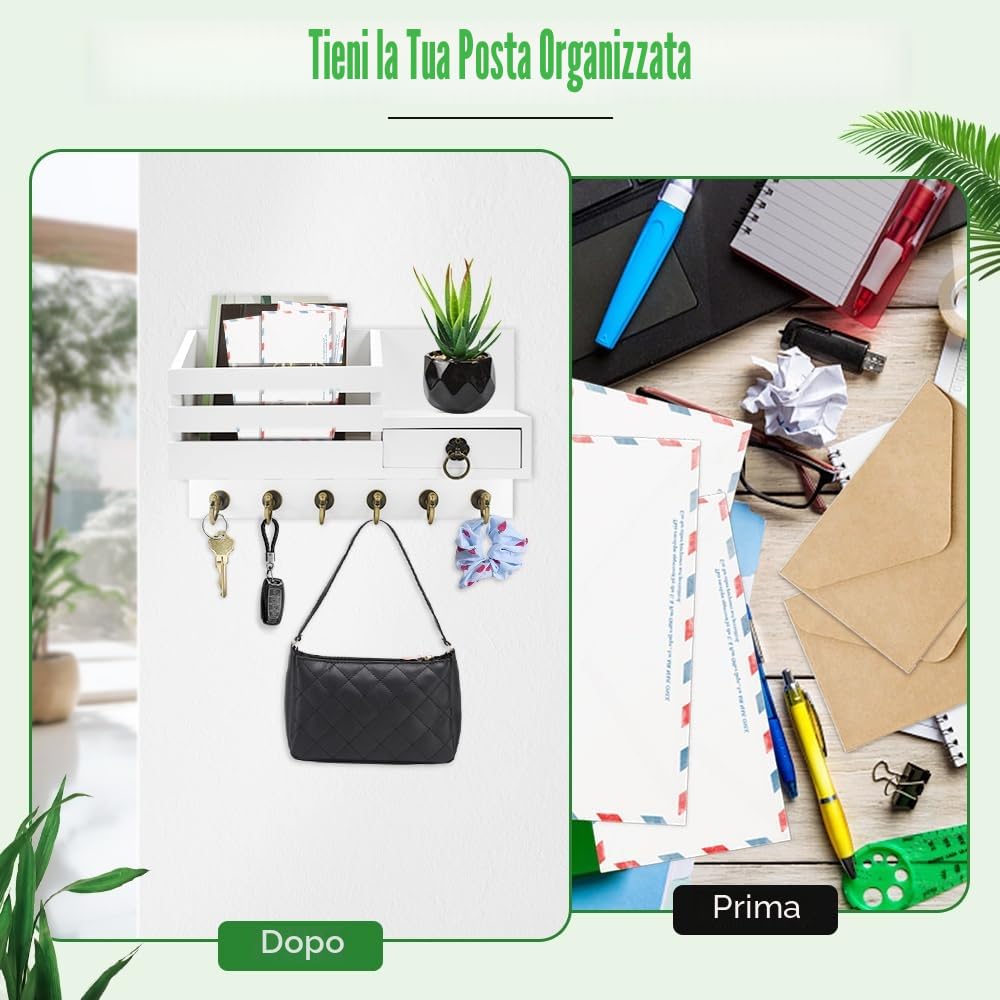 LPAMABA Portachiavi da Parete in Legno, con 6 Ganci - Appendi Chiavi da Muro Design Moderno per Casa, Ufficio, Ingresso e Corridoio - Organizzatore Chiavi Parete, Oggetti Piccoli (Bianco)