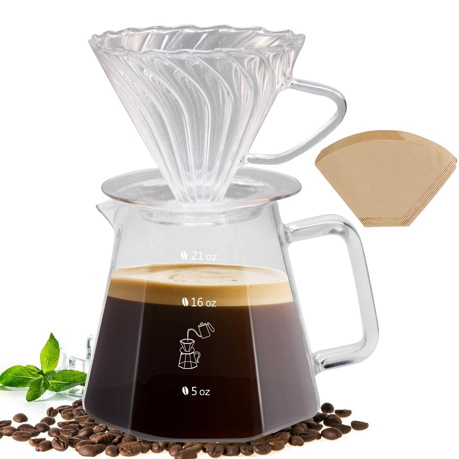 YMMIND21oz Pour Over Coffee Maker Set, V60 Glass Coffee Dripper, Octagonal Shape Coffee Pot with 40Pcs Filter Paper Gift Set
