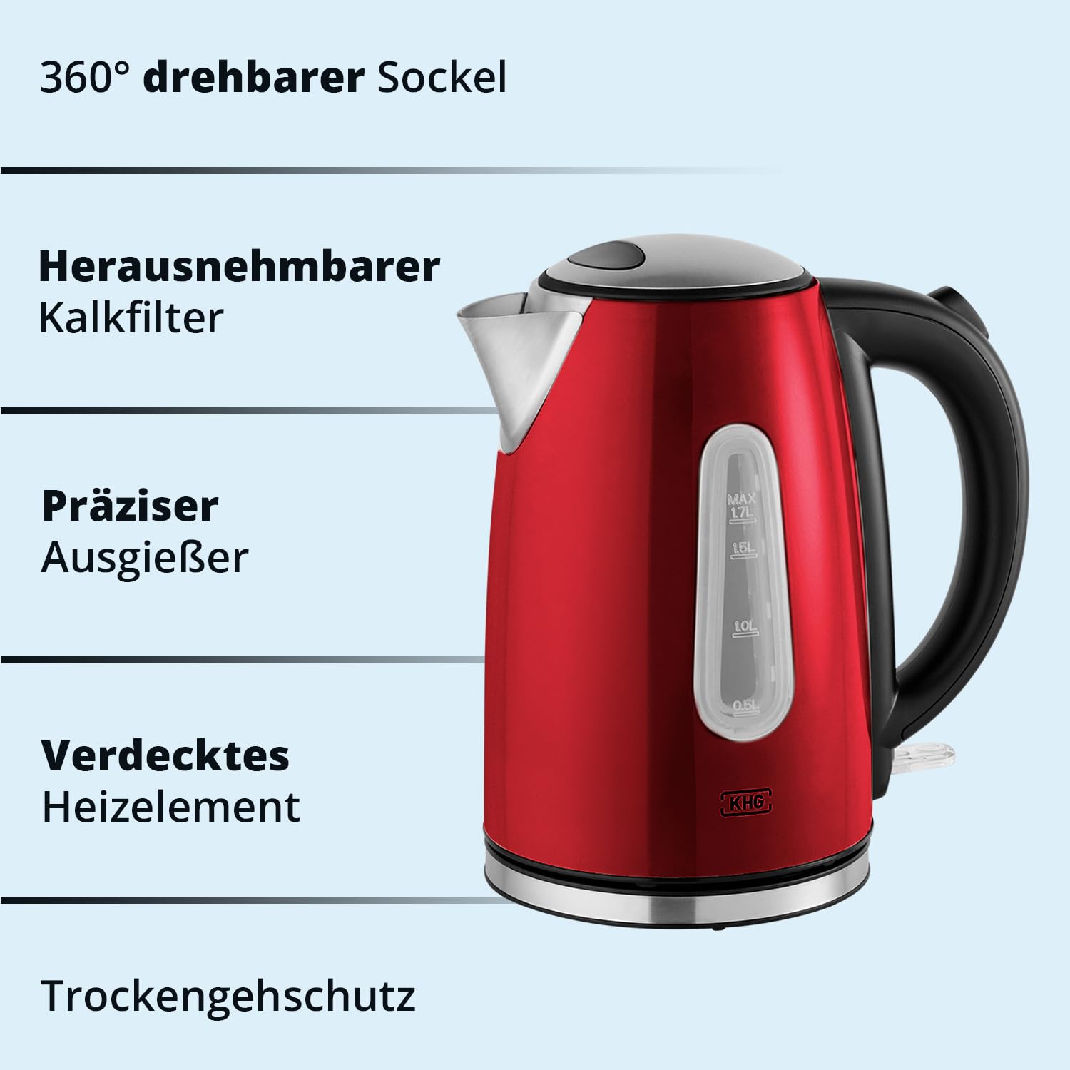 KHG Frühstücksset Wasserkocher Toaster Rot Edelstahl Metallic Chrom 1,7l 2 Toastscheiben