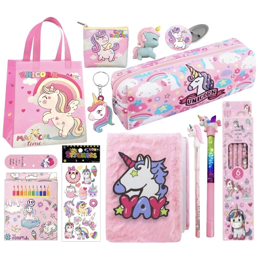 Image of Le Delite 13 Pcs Unicorn Gift Combo Set For Girls Kids Fur Diary Gift Bag Stationery Set Age 6-8 Years 10-12 Year I Stickers, pen, pouch, badge, Eraser, Wallet & colors(Pink)