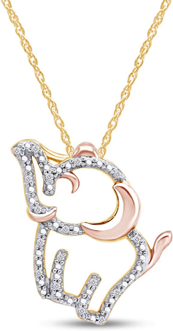 AFFY 1/20 CTTW Round Cut Natural Diamond Accent Two Tone Elephant Pendant Necklace In 14K Gold Over Sterling Silver