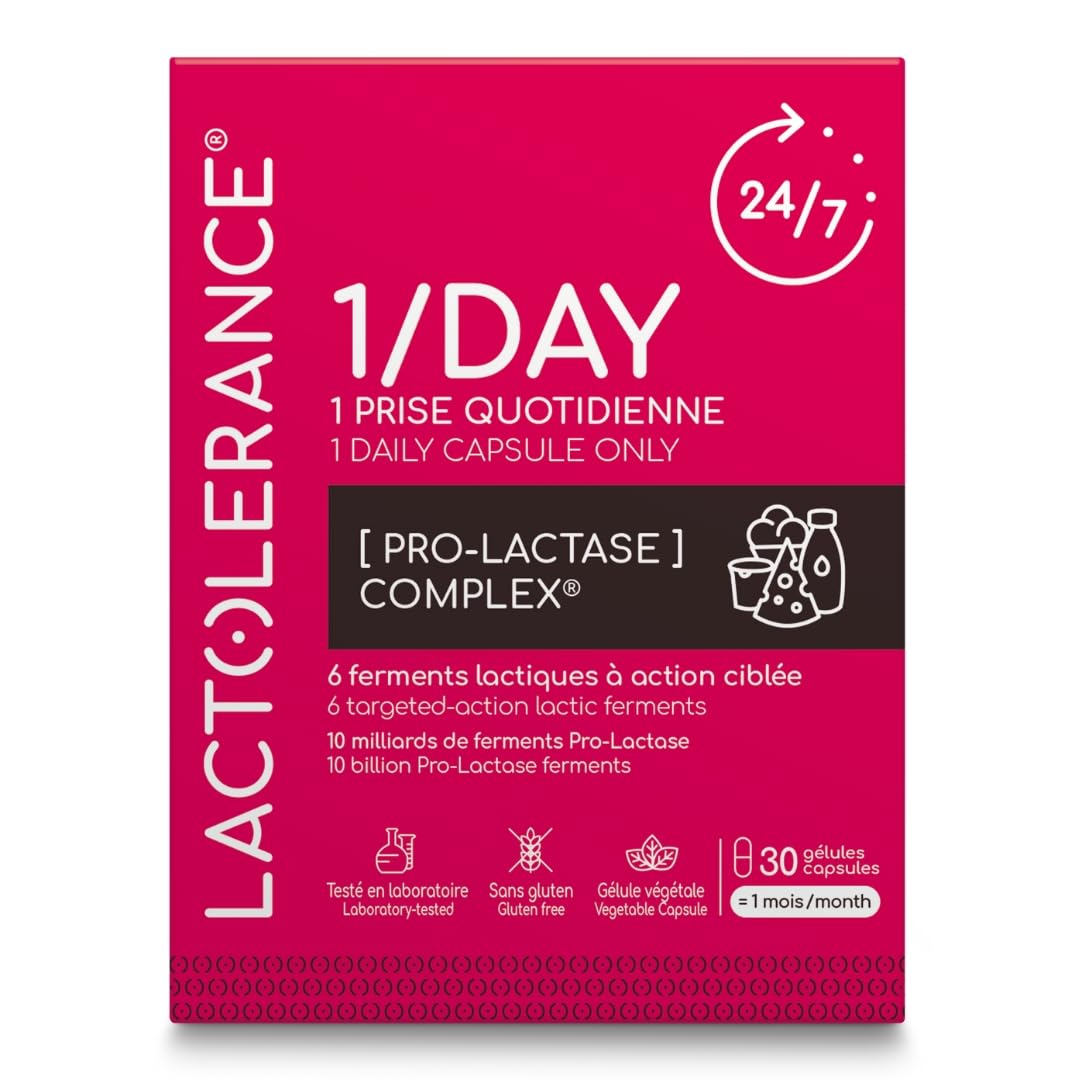 LACTOLERANCE 1/DAY I Précurseur de Lactase I Protection 24h/24-1 seule gélule par jour | Améliore la digestion du lactose | Tout niveau d'intolérance | 1 mois de traitement microbiotique