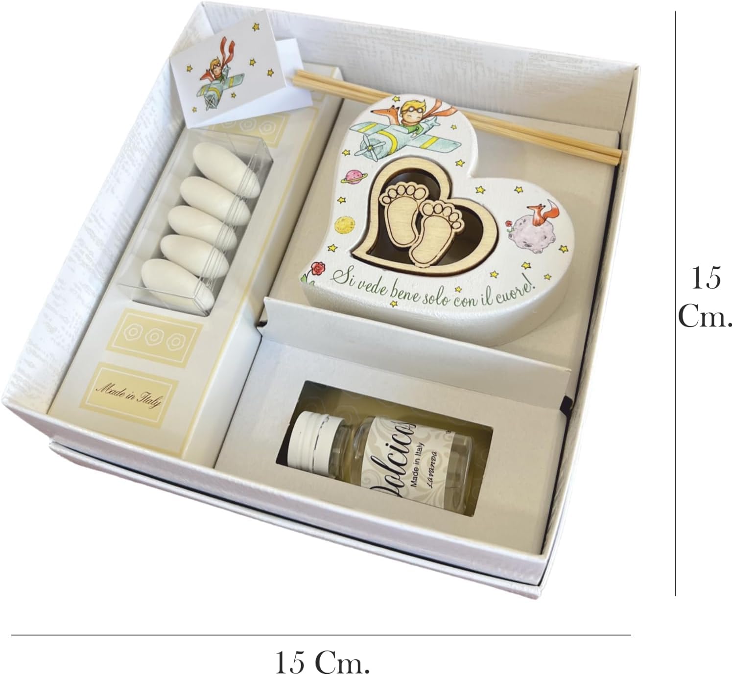 Rebalami.Shop Set 4 Bomboniere diffusore Piccolo Principe cm 8x8 a Forma di Cuore in Marmoresina Completo di Scatola, Essenza, Nastro e bigliettino a Tema (4, Cuore)