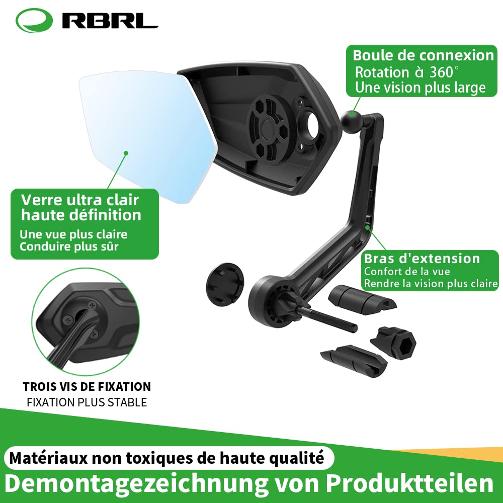 Rétroviseur De Vélo Extra Large - Bras En Nylon, Surface Grand Miroir, Réglable 360°, Pour Guidon 15-20 Mm