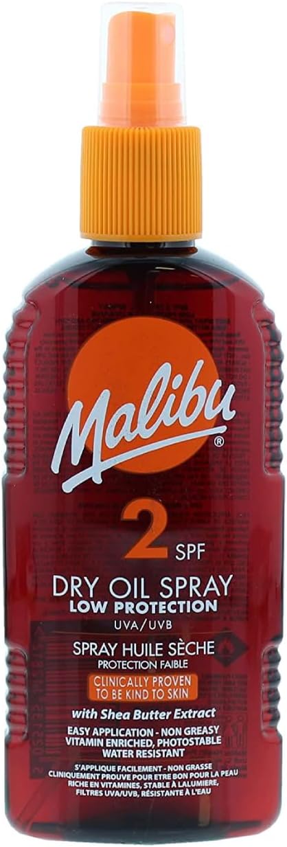 Malibu Dry Oil (SPF 2) Spray Low Protection | Easy Application | Quick-Drying | Non Greasy | Water & Sweat Resistant | 200Ml