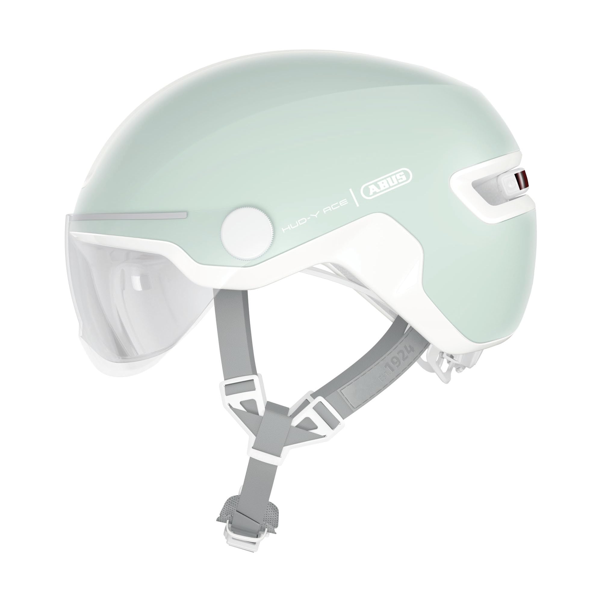 ABUS HUD-Y ACE city helmet - stylish bike helmet with visor and magnetic, rechargeable LED rear light - for men and women - black, size M