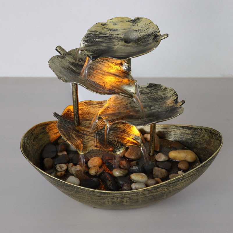 Wasserbrunnen im Barren-Stil Lotusblatt-Design Wasserfall-Ornament Desktop-Brunnen Heimdekoration -Nachtlicht-Funktion