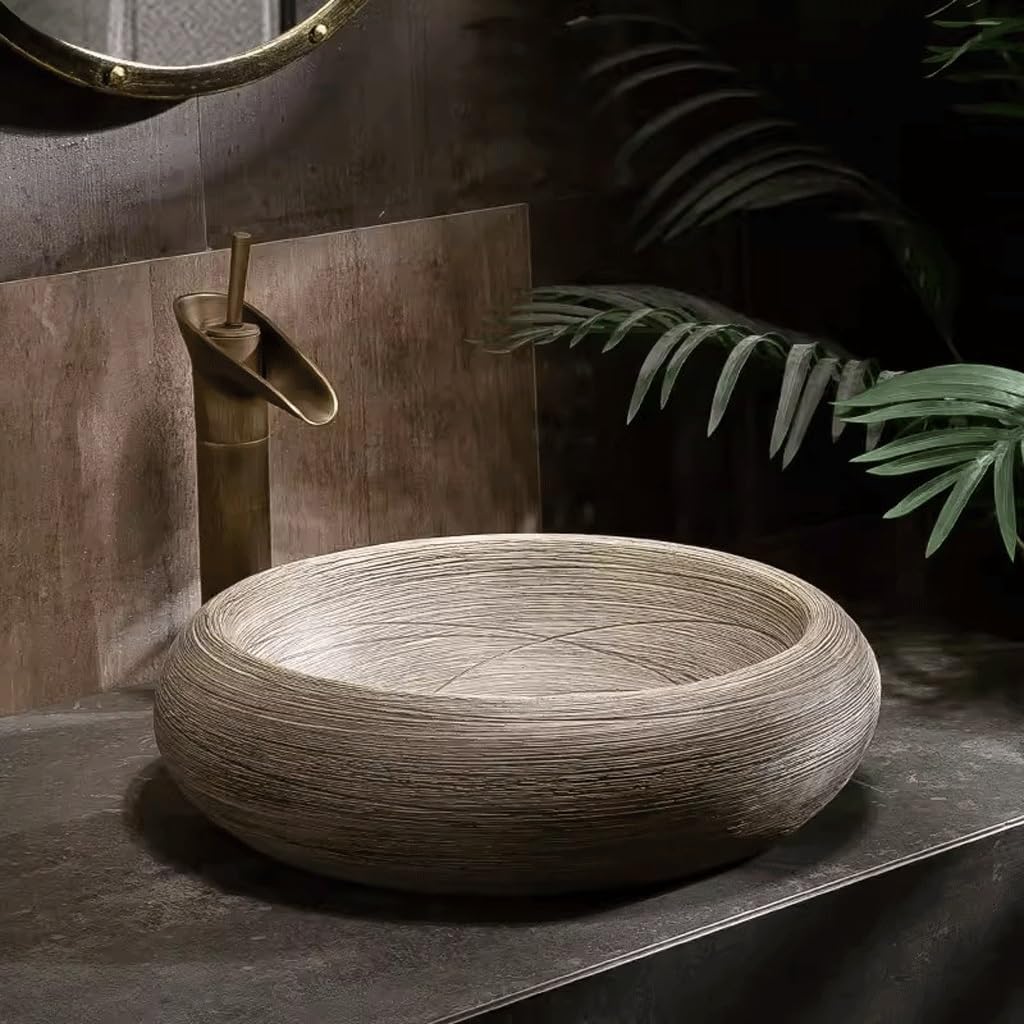 Retro-Keramik-Aufsatzwaschbecken, rund – Aufsatzwaschbecken, spritzfreies Design für stilvolle Waschtische, ideal für Private und gewerbliche Nutzung, Weiß-A