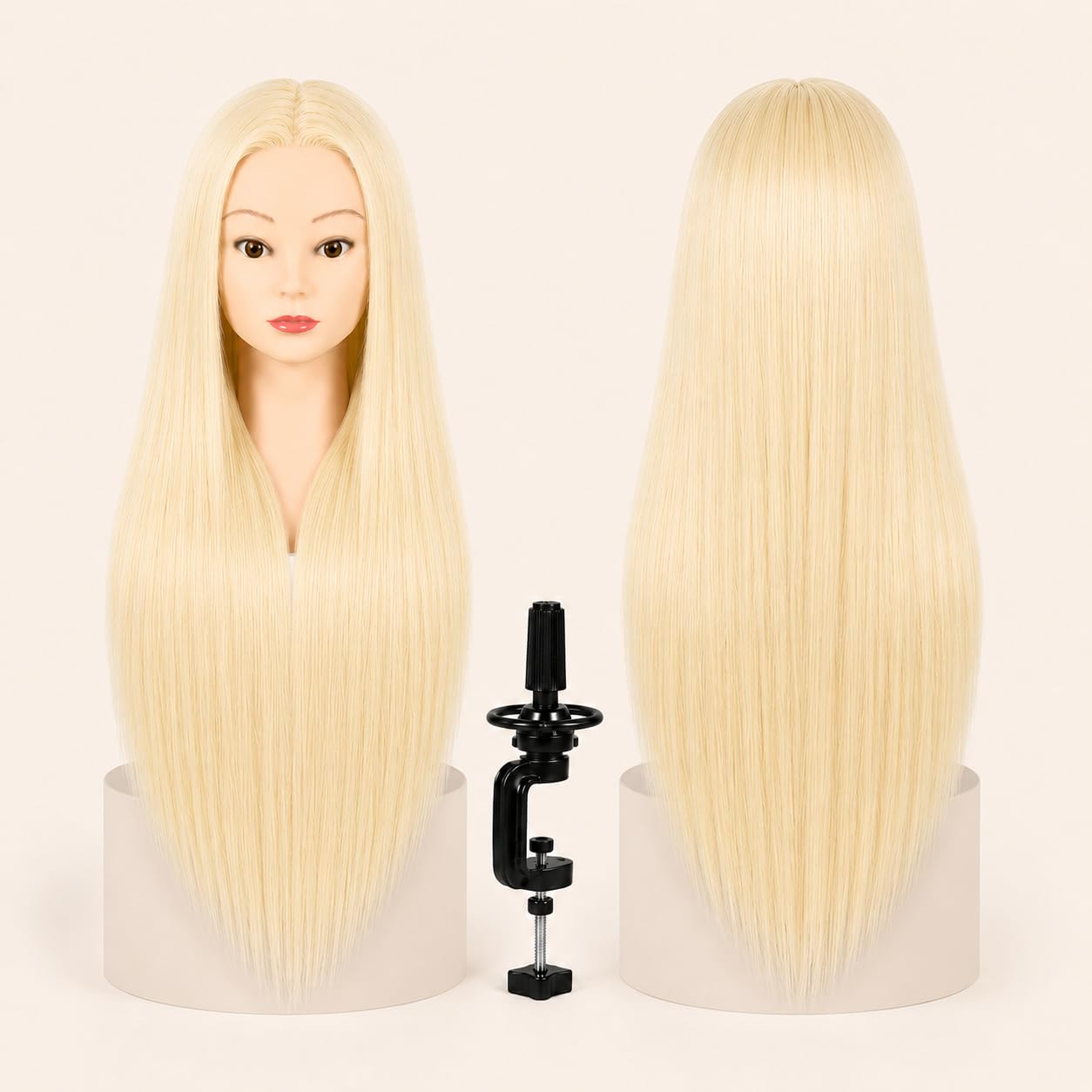 Cabeza de Maniquí para Peluquería, Cabello Sintético 60 cm/24" Resistente al Calor con Soporte, Cabeza de Prácticas para Peinados y Cosmetología (613 · Rubio Claro)