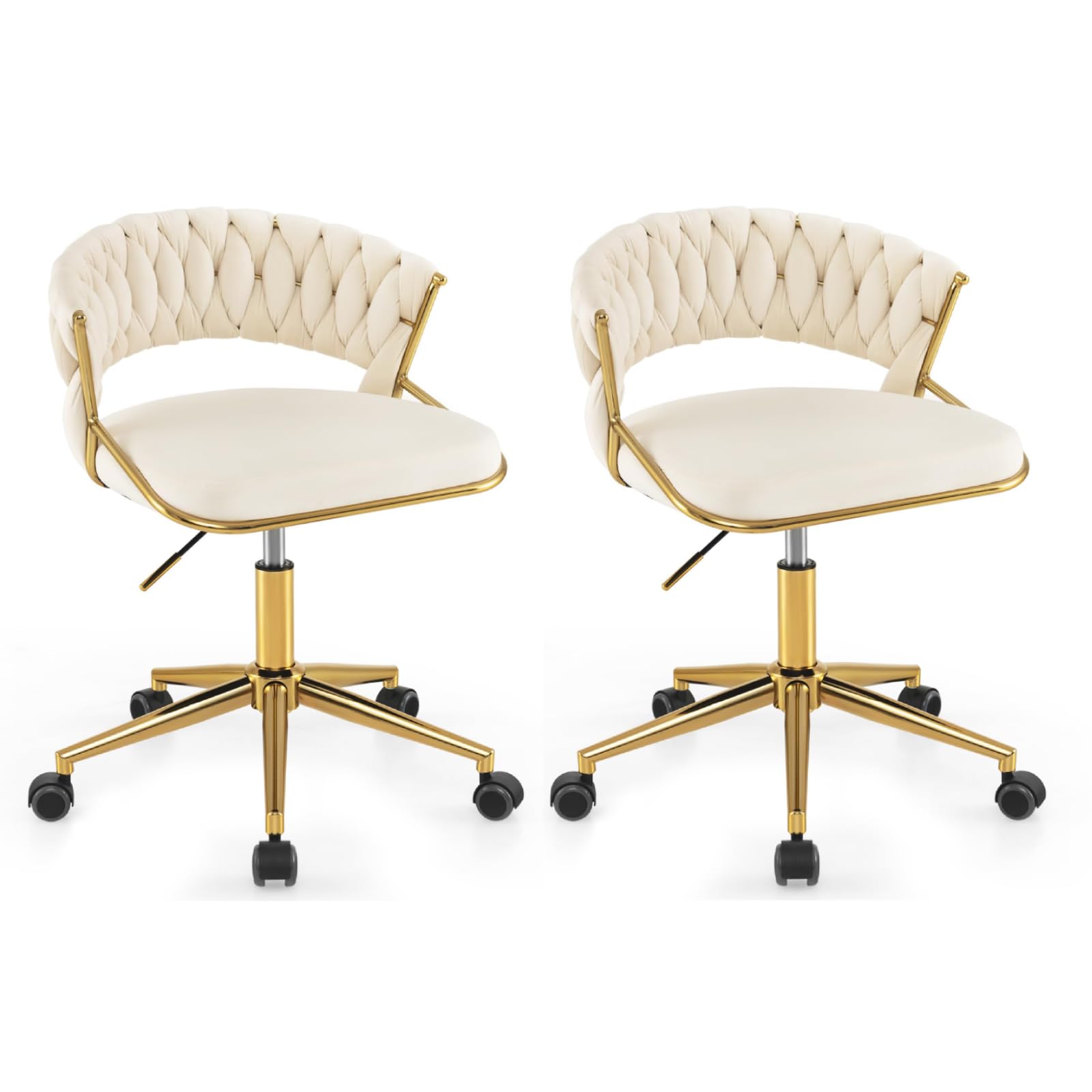 COSTWAY Modern Desk Chair, Height Adjustable Swivel Upholstered Computer Chair Leisure Vanity Seat with Wheels, Hand-woven Back & Metal Legs, Executive Task Chairs for Home Office Bedroom (2, Beige)