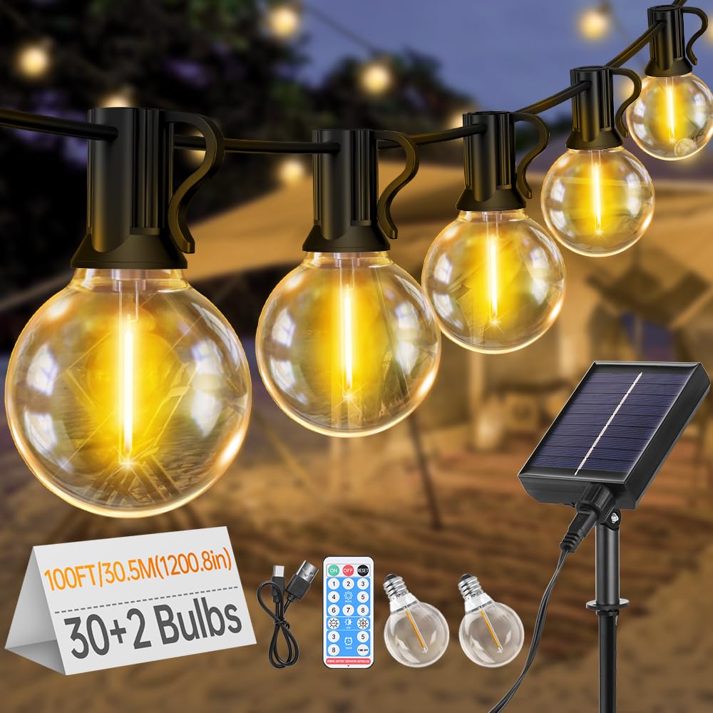 Beosior Transparent Solar String Festoon Lights Outdoor - Remote Control 30M / 100Ft Ip44 Waterproof Led Garden Lights Weatherproof Solar Powered/Usb Rechargeable Outside Light For Gazebo Pergola Patio