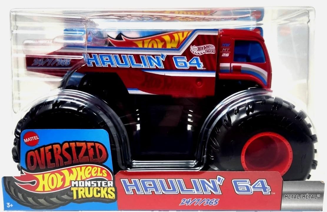 Hot Wheels Monster Trucks Haulin' 64 Flatbed Truck Fire Red 24/7/365 Die-Cast Vehicle, 1:24 Scale, Oversized