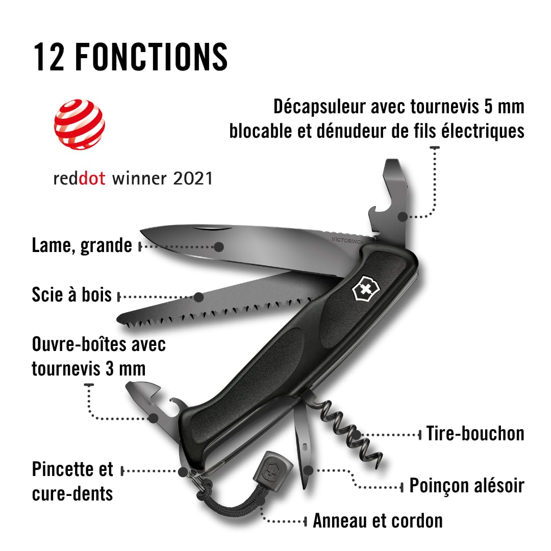 Victorinox, Ranger 55 Grip Onyx Black, Couteau de Poche Suisse, Multifonction, Léger, 13 Fonctions, Grande lame, Ouvre-boîtes, Tournevis 3 mm, Blocable