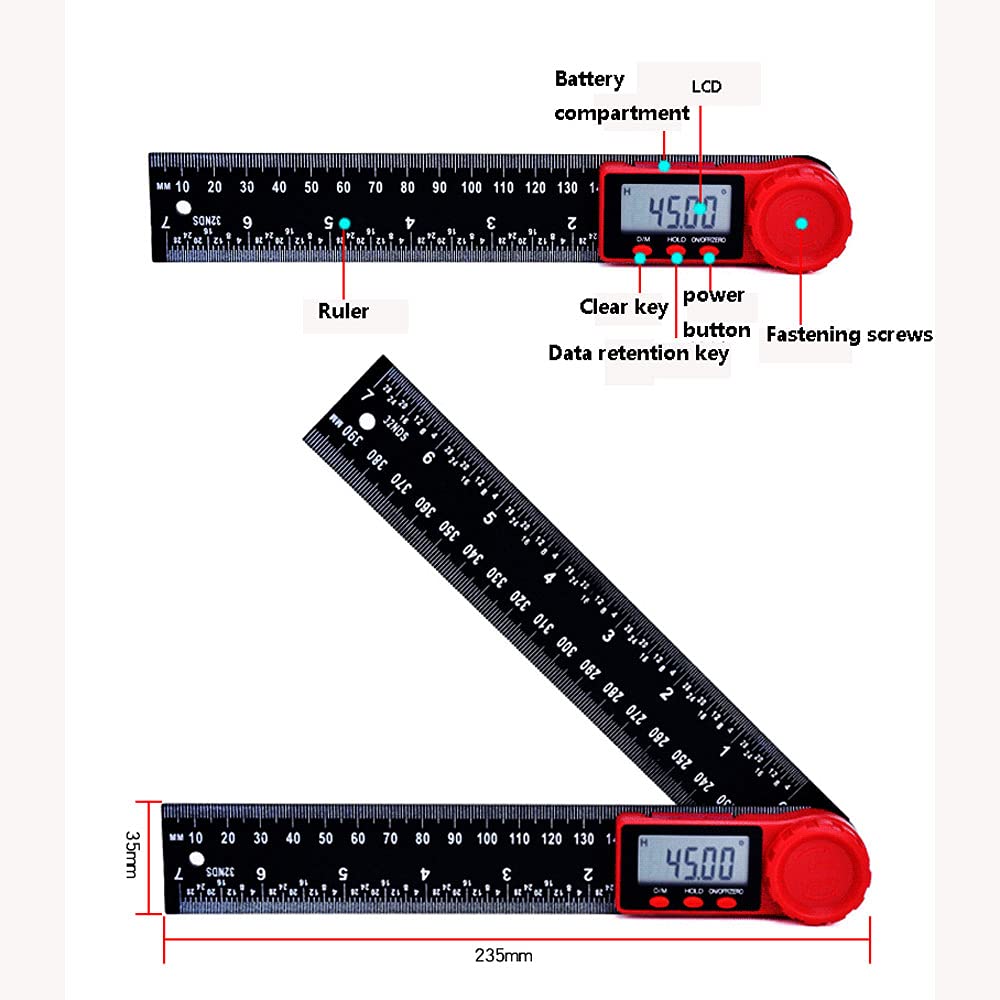 Digitale hoekzoeker gradenboog ruler, digitale goniometer 200mm nylon glazen liniaal meter maatstool voor houtbewerking timmerman bouwgereedschappen (2 batterijen inbegrepen),White,200M