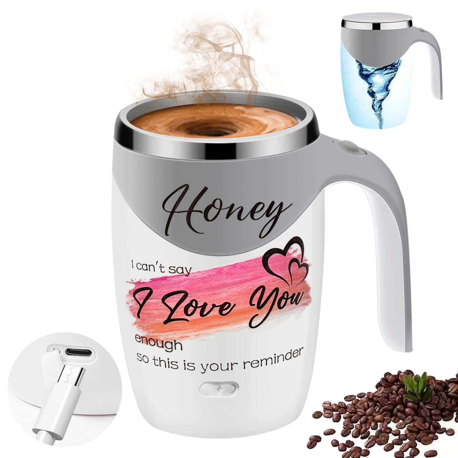 Self Stirring Coffee Mug – Romantic Gift with “I Can’t Say I Love You Enough” Quote – Rechargeable Electric Mixing Mug for Coffee, Milk, Cocoa & More