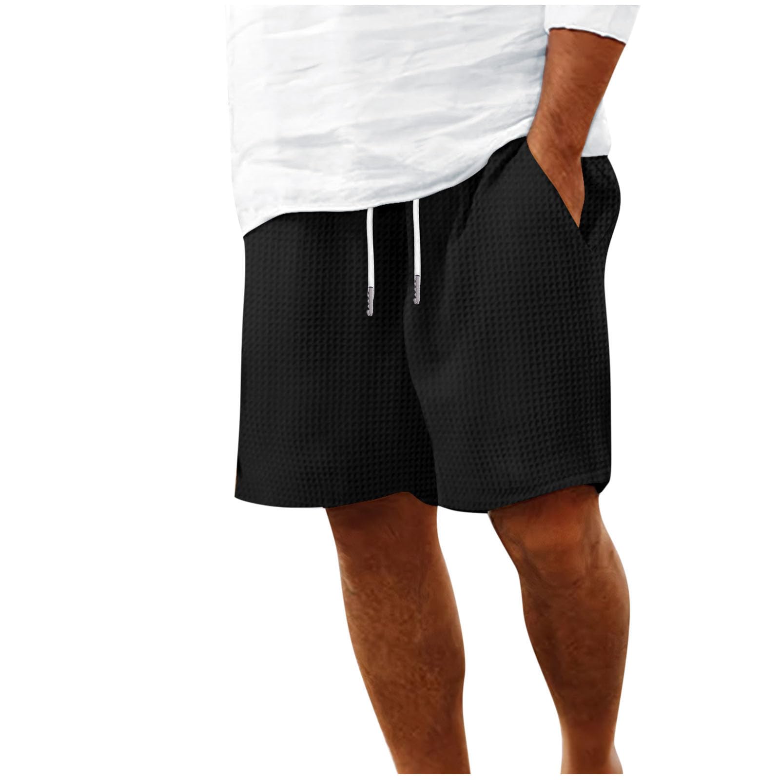 Mens Waffle Sports Shorts Elastic Waist Plus Size Summer Beach Short Pants Solid Color Soft Lounge Pant