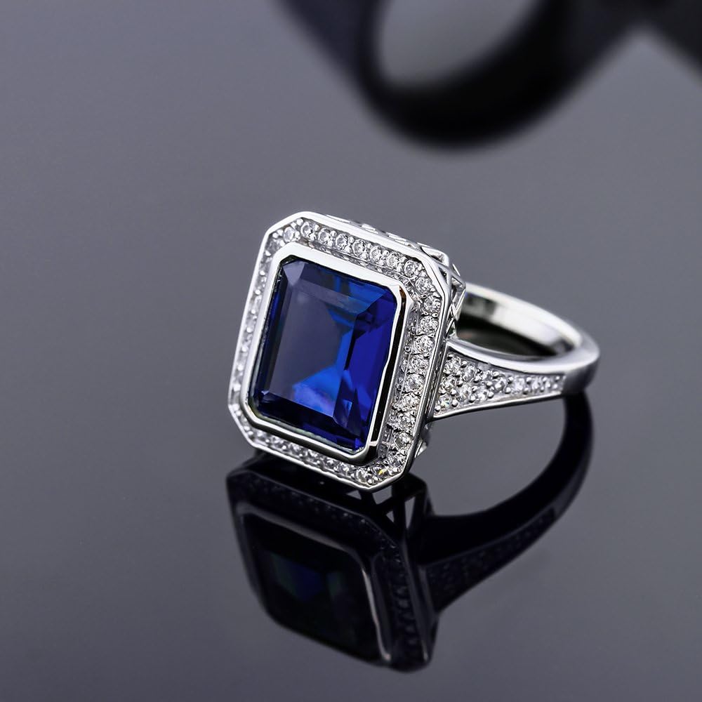 Gem Stone King 5.00 Cttw Simulated Blue Sapphire Ring For Women | 925 Sterling Silver | Emerald Cut 11X9MM | Wedding Engagement Anniversary Promise Ring For Women