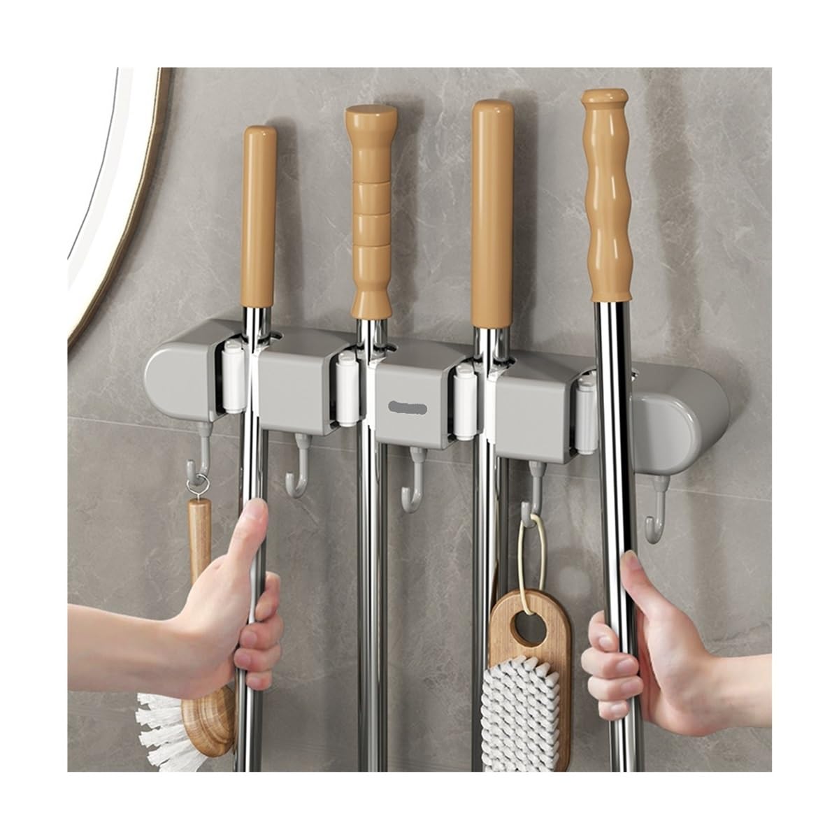 1/2 soportes para escobas con ganchos, montaje en la pared, estante de almacenamiento para escobas sin taladrar (gris, 2 piezas)