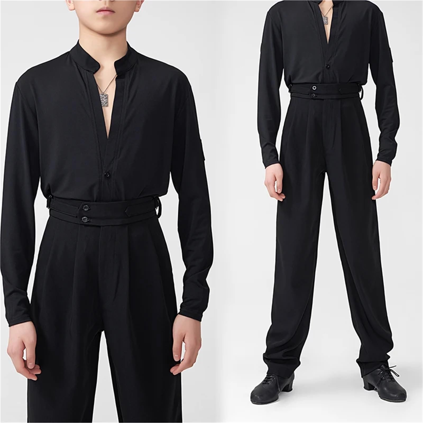 Pantalones de Baile Latino for Hombre, diseño Cintura Alta, Holgados, Negros, for Adultos, Ropa competición salón Cha para Hombre, Salsa, Jazz, Danza