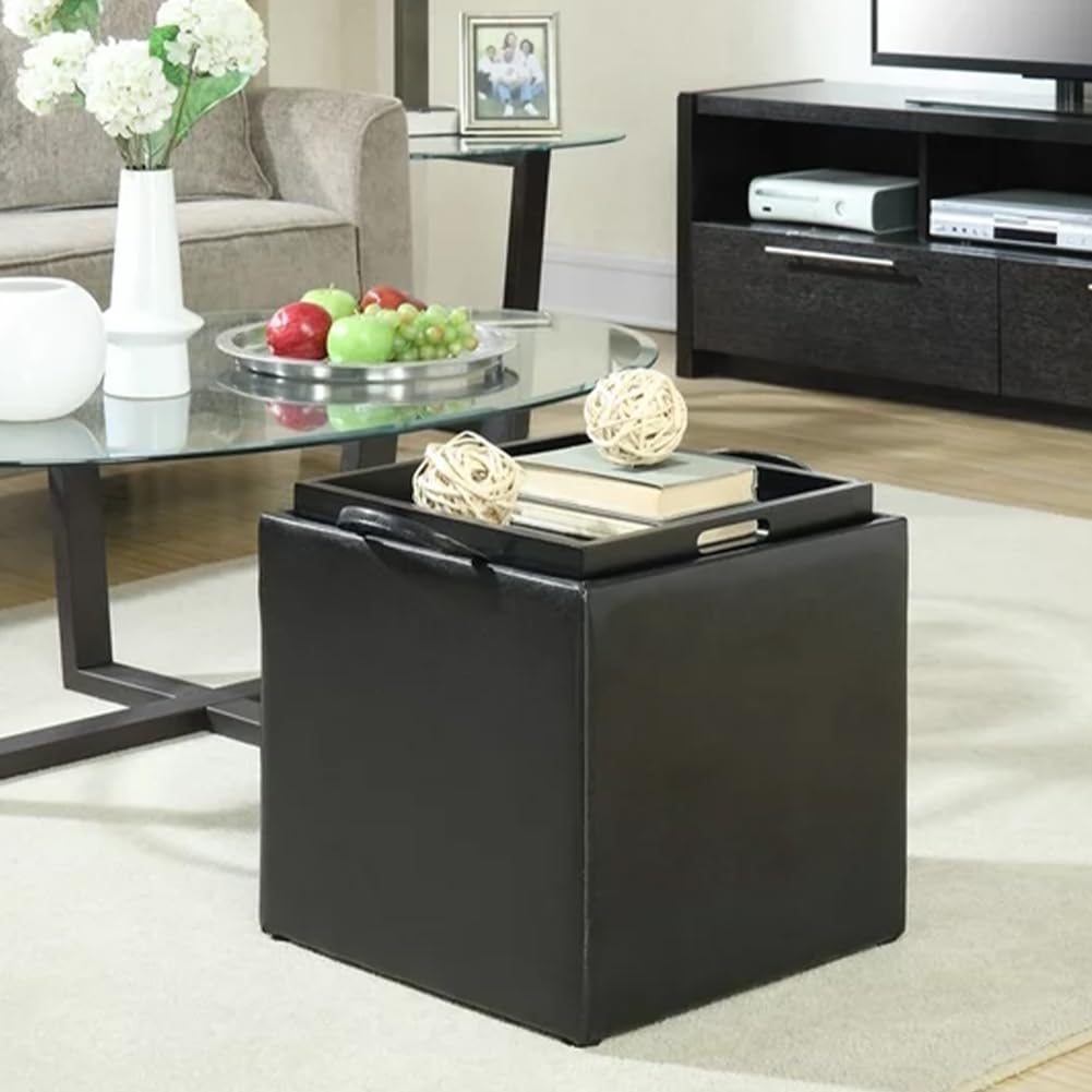 BAKAJI Lot de 2 poufs de Rangement en Simili Cuir de Couleur Noire avec Couvercle 2 en 1 Transformable Plateau de Service, Tabouret avec Compartiment Multi-usages, Rembourrage Confortable,