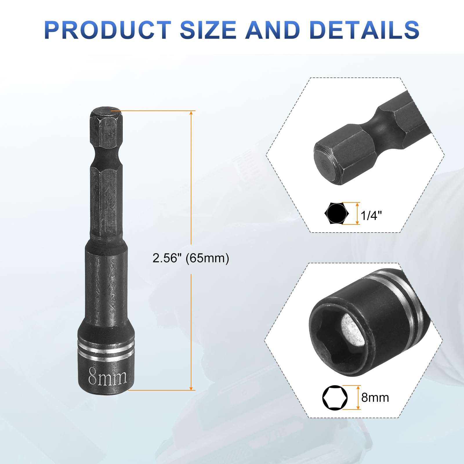 HARFINGTON 14mm Nut Driver Bit – 1/4" Hex Shank, CR-V Steel, 6-Point Socket, 3.15" Overall Length, For Impact Drivers & Drills (Blue)