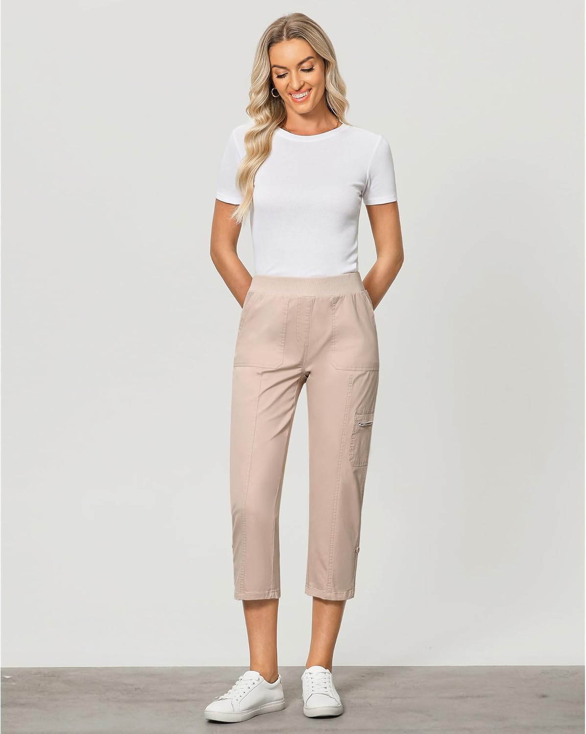 GRAPENT Capri Cargo Pants for Women High Waisted Pull On Elastic Waist Stretch Twill Fold Hem Capris Pants with Pockets - Image 6