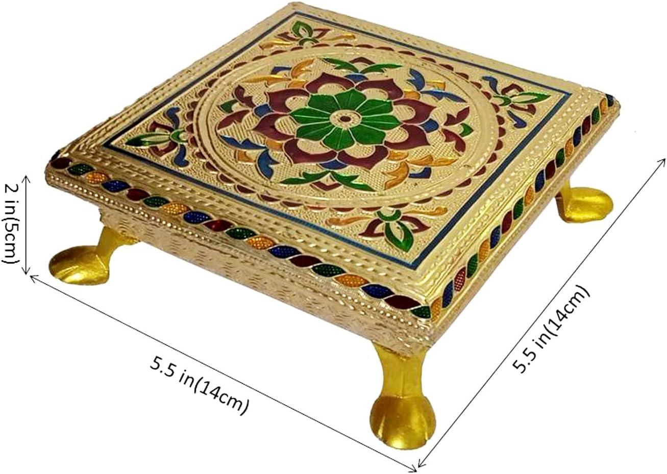 Purpledip Wooden Chowki with Meenakari Work: Small Stand for Home Temple, 5.5 Inches (10204A)