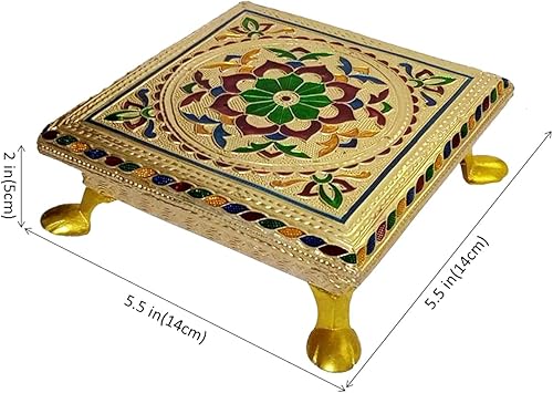 Miniatura 5 de Purpledip Chowki de madera con Meenakari Work soporte pequeño para templos del hogar, 5.5 pulgadas (10204A)