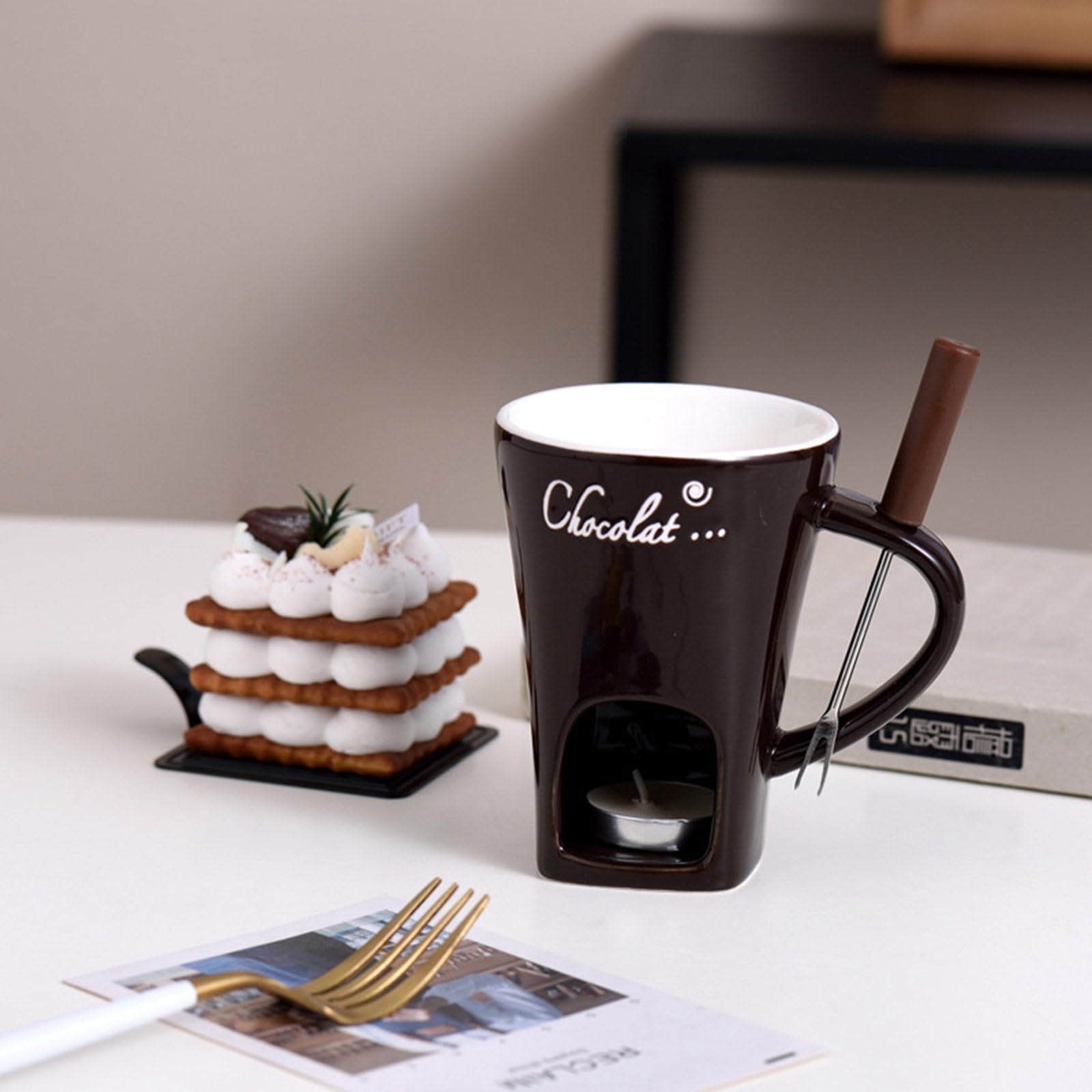 Schokoladenfonduetasse mit Gabel und Pinseln, Schokoladenschmelzbecher, ohne Teelichter, Fonduetassen, ideales Geschenk für Date, Nacht, Geburtstag, Hochzeit, Geschenke (schwarz)