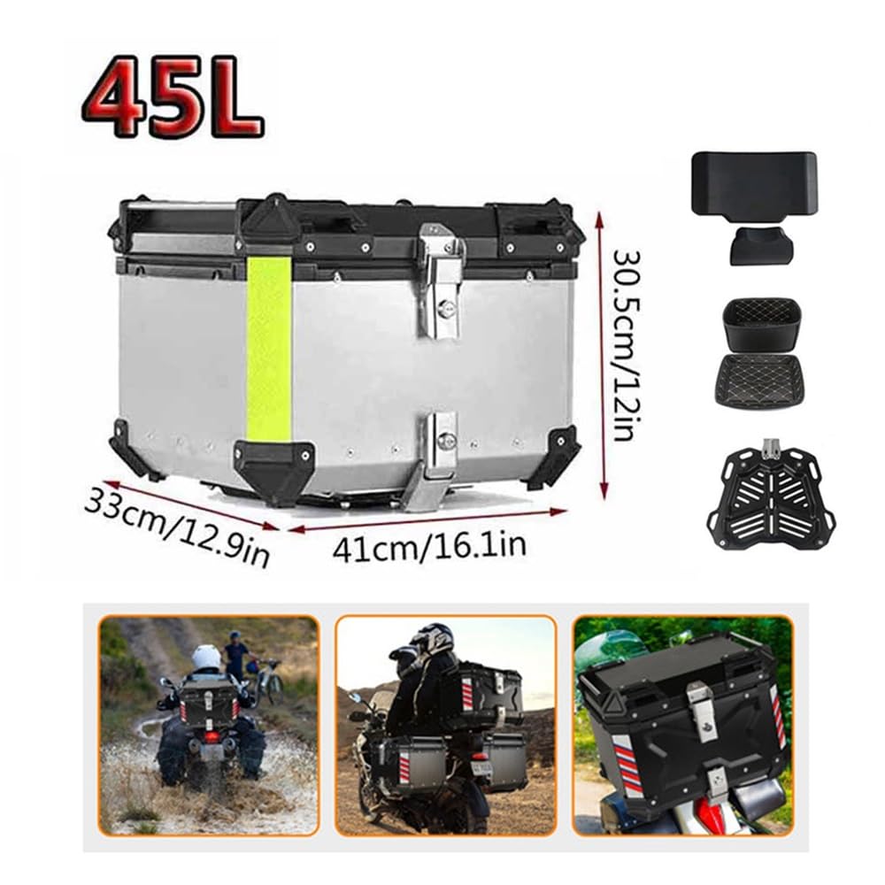 Valise pour Moto, 28L 36L 45L 55L 65L 80L 100L Top Case Coffret De Moto Aluminium Design Étanche Coffre Topcase avec Dossier de Passager et Plaque de Base(Silver,100L)