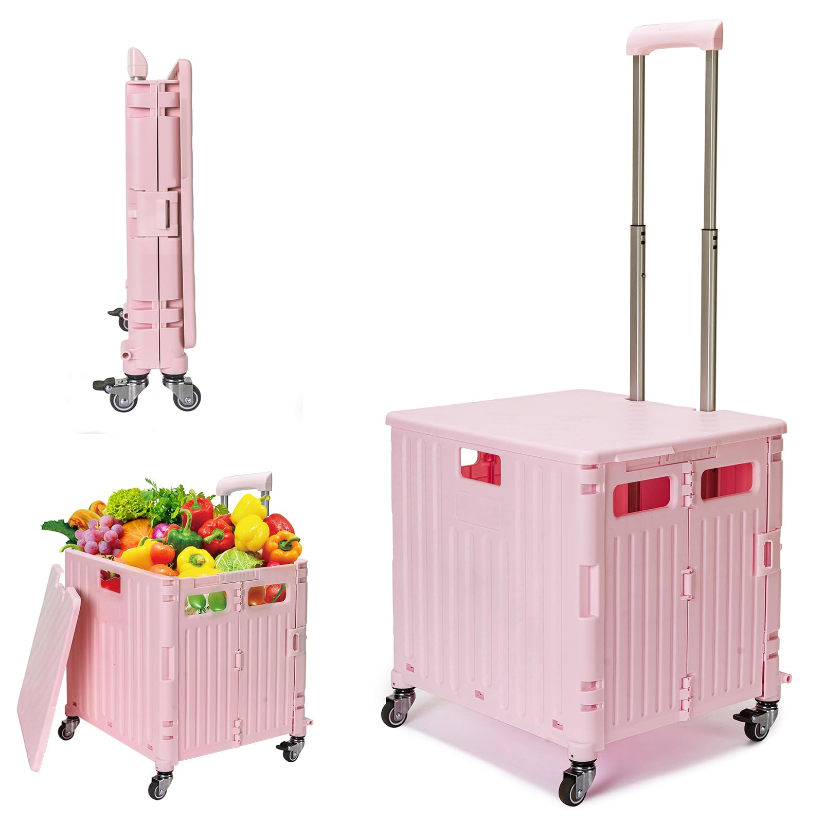 Einkaufstrolley Klappbar mit Deckel, 65L, bis 40KG, Teleskopgriff, Rosa