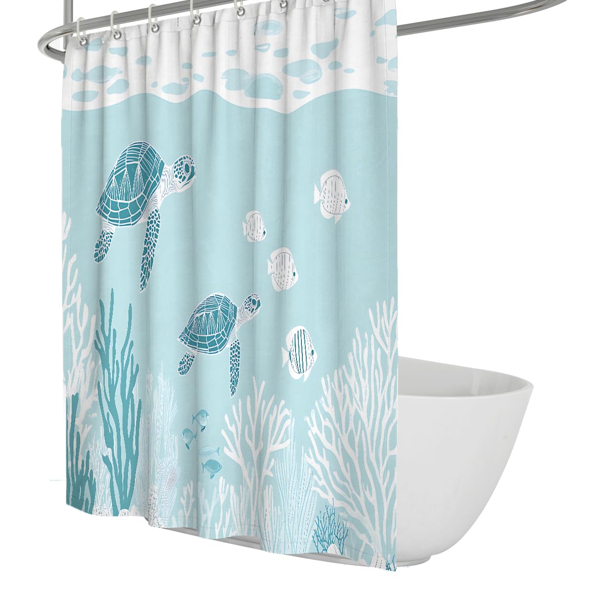 Hellblaue Ozean-Duschvorhänge Meeresschildkröten Fische Korallen Badezimmervorhänge – Stoffwasserdichter Inneneinsatz, maschinenwaschbar mit Haken 200 x 220 cm