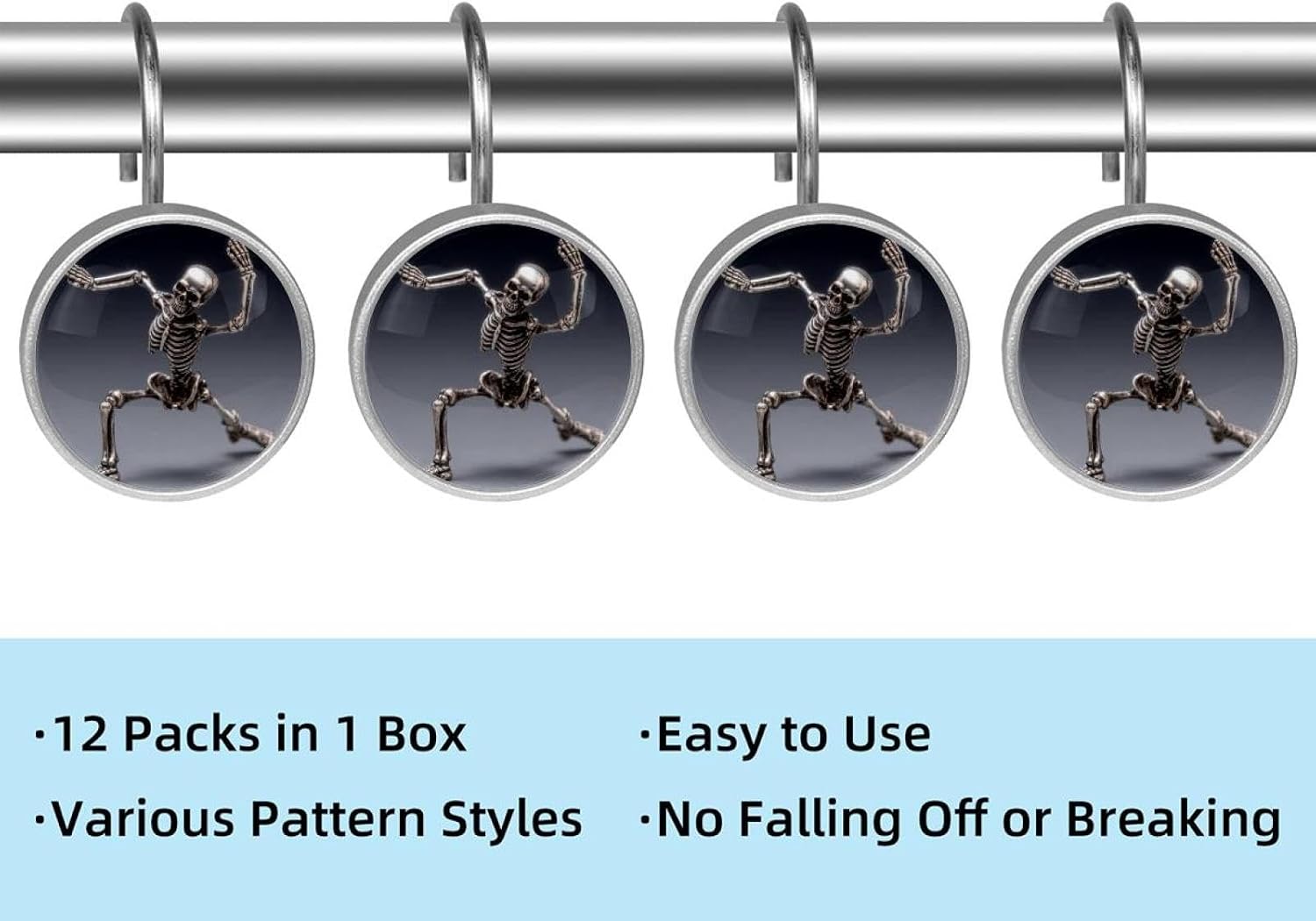 Shower Curtain Hooks, Home Decorative Skeleton Skull Dab Step (1) Shower Curtain Rings for Bathroom, Rustproof Stainless Steel Shower Curtain Hangers Bathroom Accessories, Set of 12
