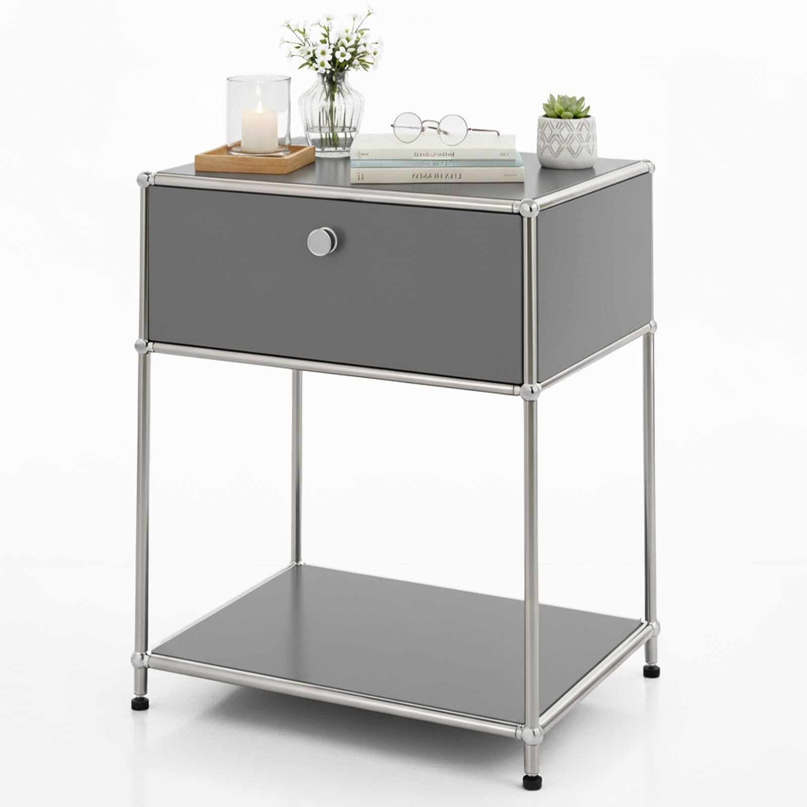 Floordirekt Estantería, estantería de metal, mesa auxiliar - Gris, cromo, 63Hx50Ax40P cm - Sistema modular de enchufes en diseño moderno, estantería de metal para sala de estar, oficina, pasillo