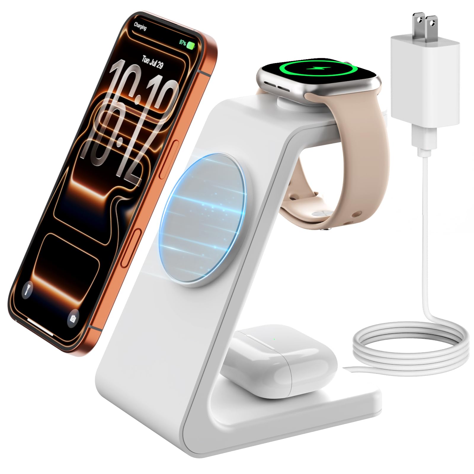 GEEKERA Station de charge sans fil 3 en 1 pour MagSafe, Qi2 certifié Qi2 15 W, support de chargeur sans fil magnétique rapide, compatible avec iPhone 16/15/14/13/12, Apple Watch, AirPods 4/3/Pro