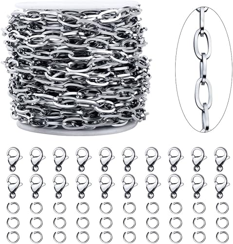 Miniatura 1 de ZZIKO Cadenas de plata de 32.8 pies para hacer joyas, carrete de cadena de acero inoxidable de 0.472 x 0.236in, cadenas planas a granel con anillos