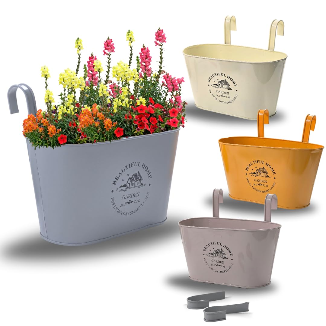 Trendi Hanging Plant Pots, Flower Planters with Detachable Hook for Balcony Fence, Garden, Home Decor, Indoor/Outdoor Wall Planters for Railings & Fences (Set of 4)