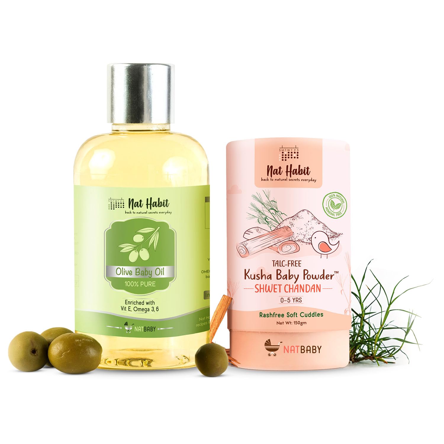 Nat Habit Pure Olive Baby Oil (100ml) & Shwet Chandan Baby Powder (150gm) - Essential Baby Care Combo For Daily Massage, Healthy Nourishment, Chemical & Preservative-Free (Combo Pack of 2)