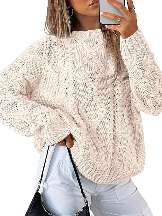 Women's Oversized Cable Knit Crewneck Sweaters Fall Chunky Knit Long Sleeve Trendy Pullover Sweater Tops Outfits