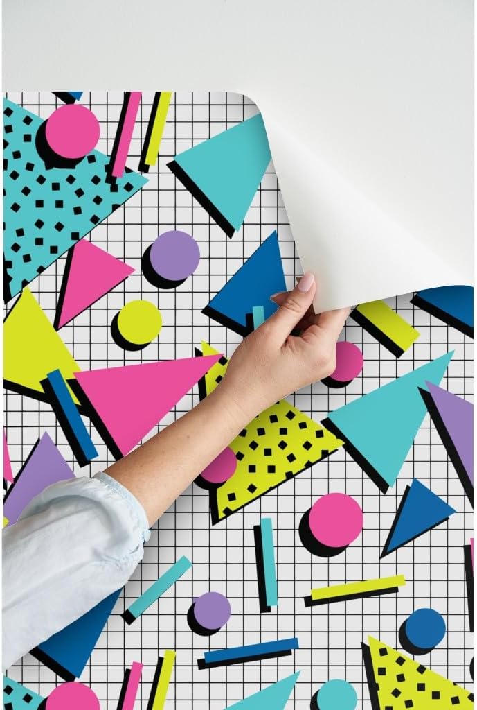 Peel & Stick Wallpaper 3ft x 2ft - Tubular Retro 80S Graphic Memphis Wave Custom Removable Wallpaper by Spoonflower