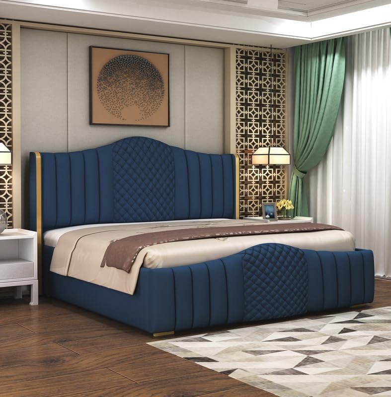 Image of Crafts Modern Upholstered King Size Bed with Box Storage for Bedroom | Wooden Double Bed with Storage, Platform Cot Bed with Upholstery Premium Fabric, 6.5 x 6 Ft, Sheesham Wood, Navy Blue