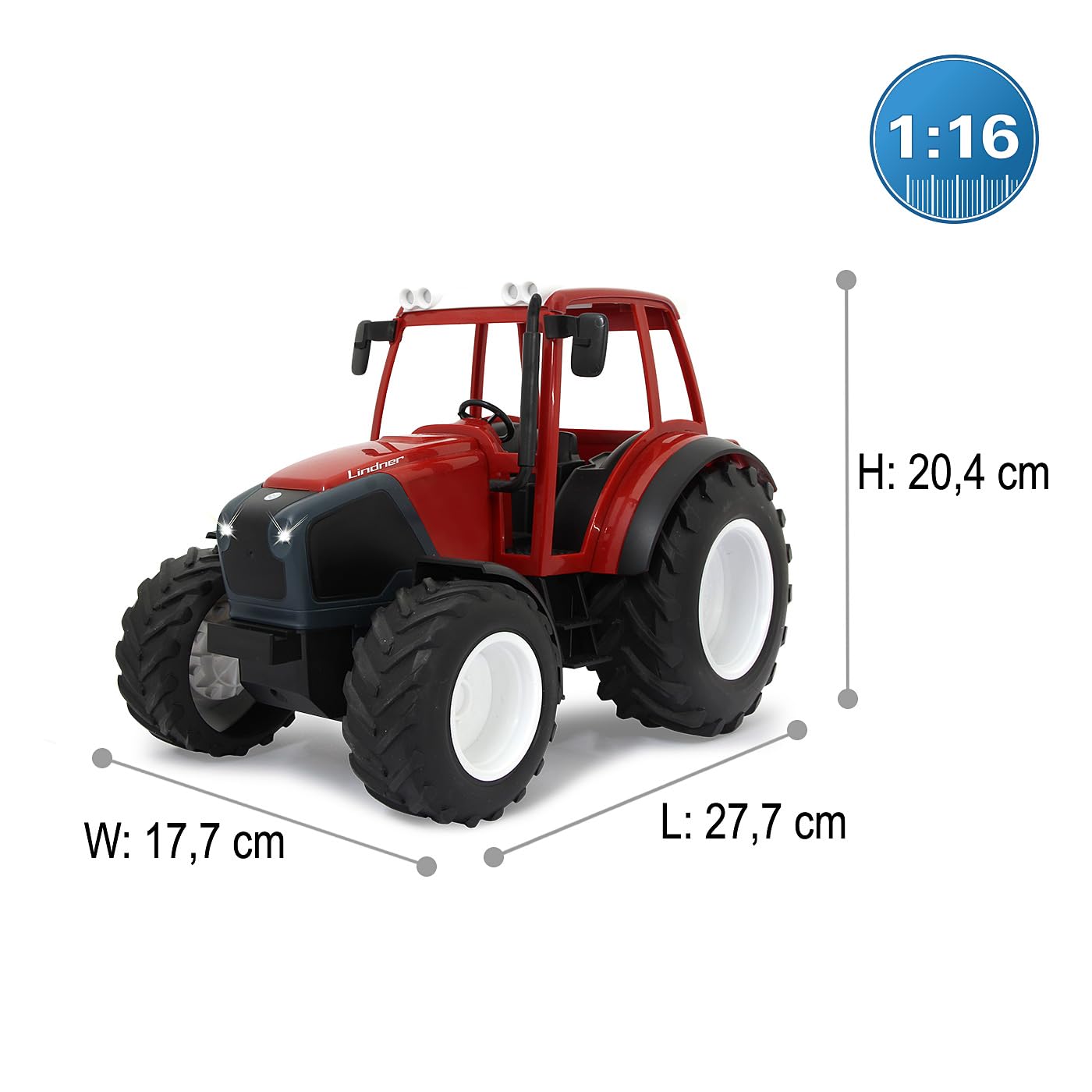 JAMARA Lindner Geotrac 405051 – 1:16 2,4 GHz – Son du Moteur réaliste (désactivable), avertisseur de recul, 2 Roues motrices, LED claires à l'avant, Clignotant, Fonction démo, Rouge