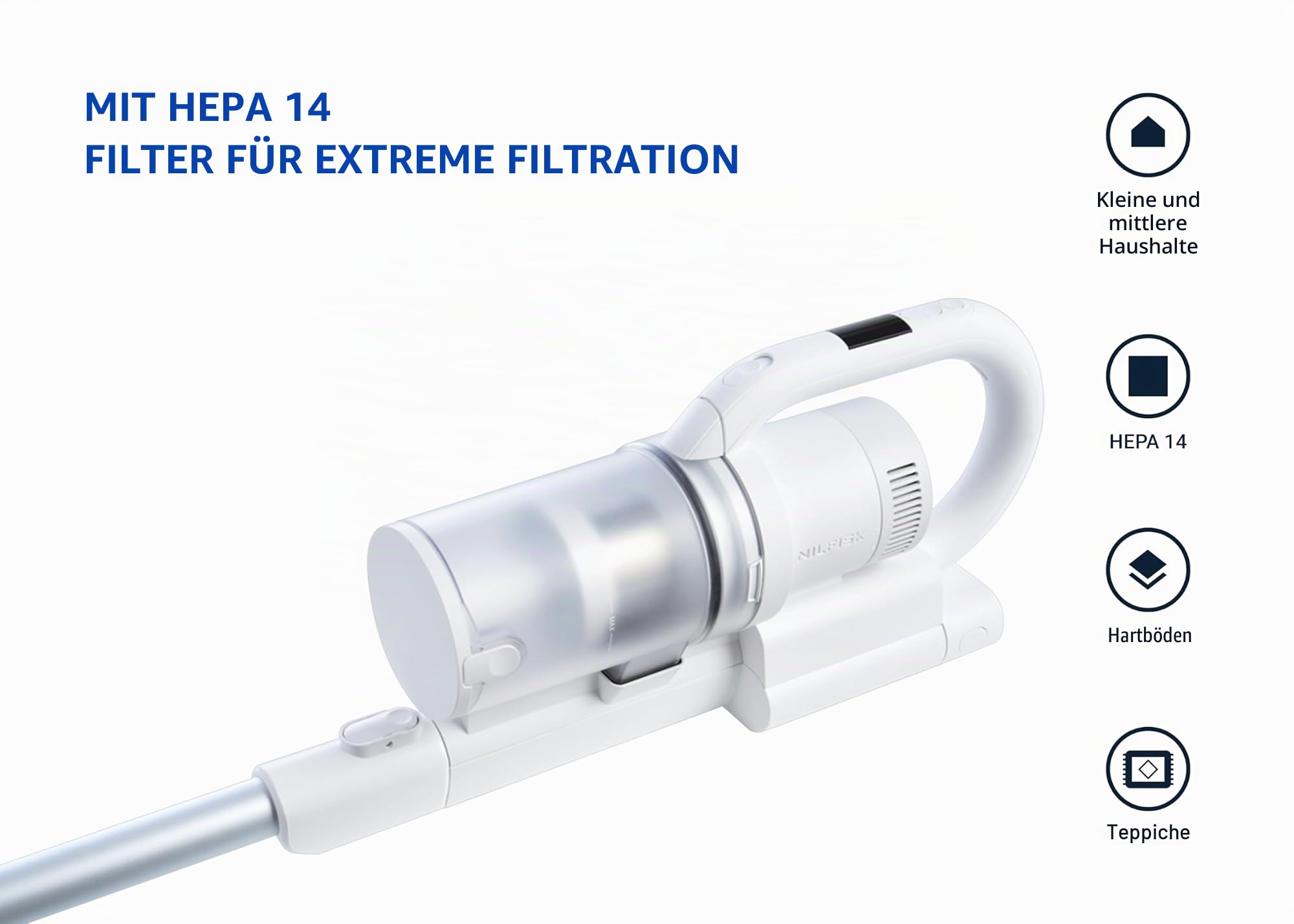 Nilfisk S1 Allergy 2-in-1 Akku-Staubsauger – Stabstaubsauger und Handstaubsauger – HEPA 14 Filter – Weiß (550 W)