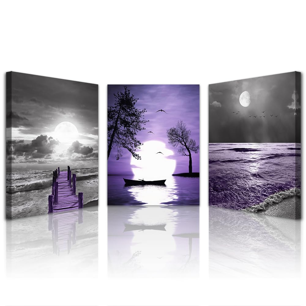 Lapremoly Wall Decorations - Canvas Wall Art for Living Room, Bedroom & Office - Black & White Wall Painting - Purple Ocean Landscape - 3 Panels