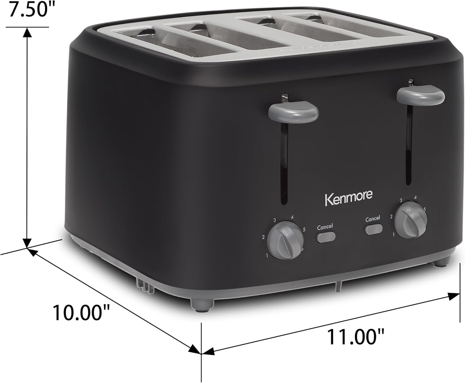 Kenmore 4-Slice Toaster with Dual Controls, Matte Black and gray, Wide Slots, Self-Adjusting Bread Guides, Adjustable Browning, 6 Shade Settings, Toast, Bagels, Waffles, English Muffins